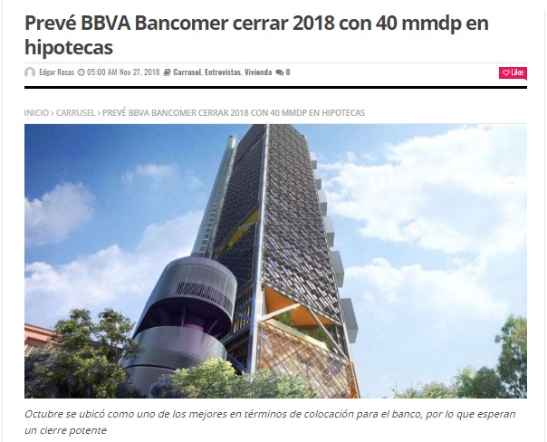 BBVA Bancomer aumentará 25% la inversión en vivienda - Banomer Cierre 2018 Nota
