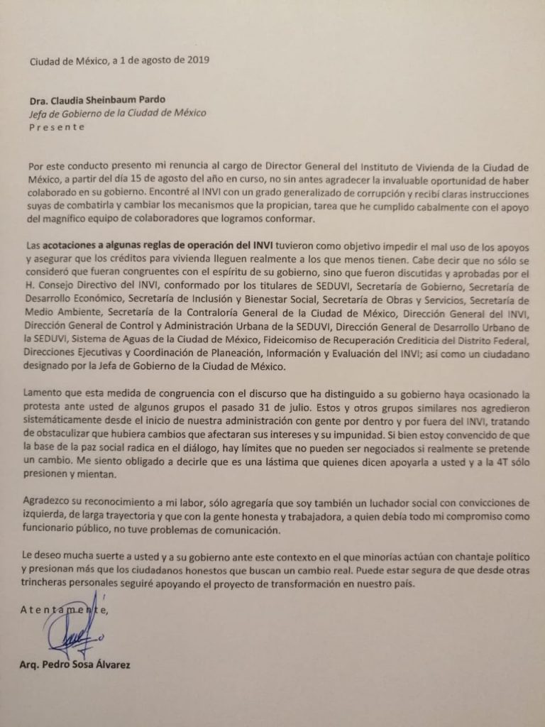 Acusa Sosa presión de agrupaciones por evitar cambios en Invi - Carta Pedro Sosa