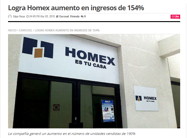 Homex construirá 780 viviendas bajo modelo 'llave en mano' - Homex Resultados 2018 Nota