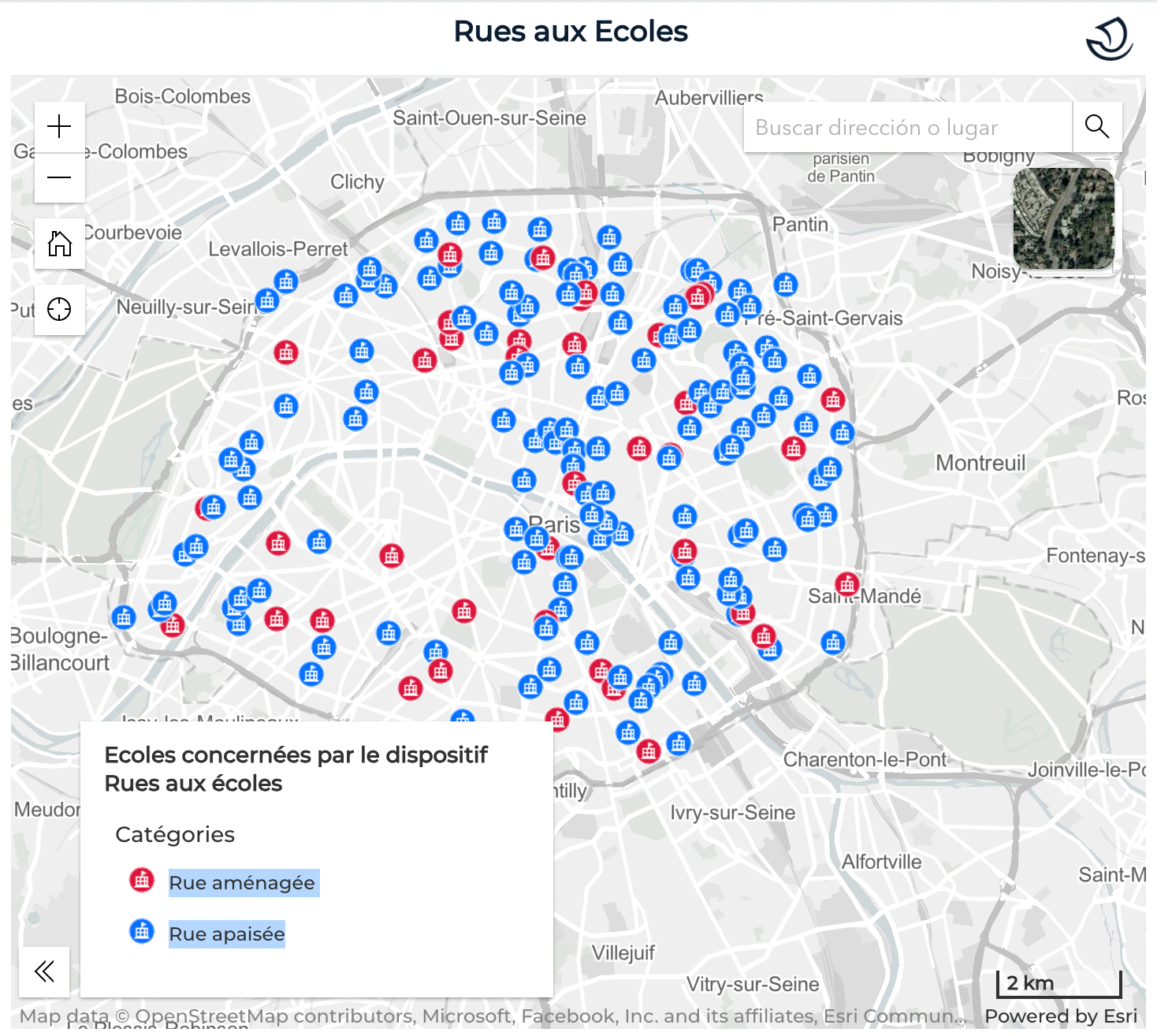 Mapa de las calles escolares en Paris. Fuene: Ayuntamiento de Paris.Enlace: https://capgeo.sig.paris.fr/Apps/RuesAuxEcoles/ 