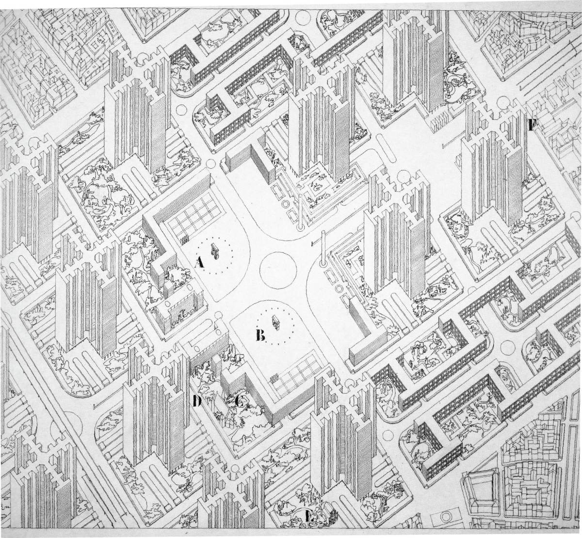 Fig. 1: Principios de la zonificación urbana: Ville Radieuse, Le Corbusier, derechos reservados a tomarlos.city 