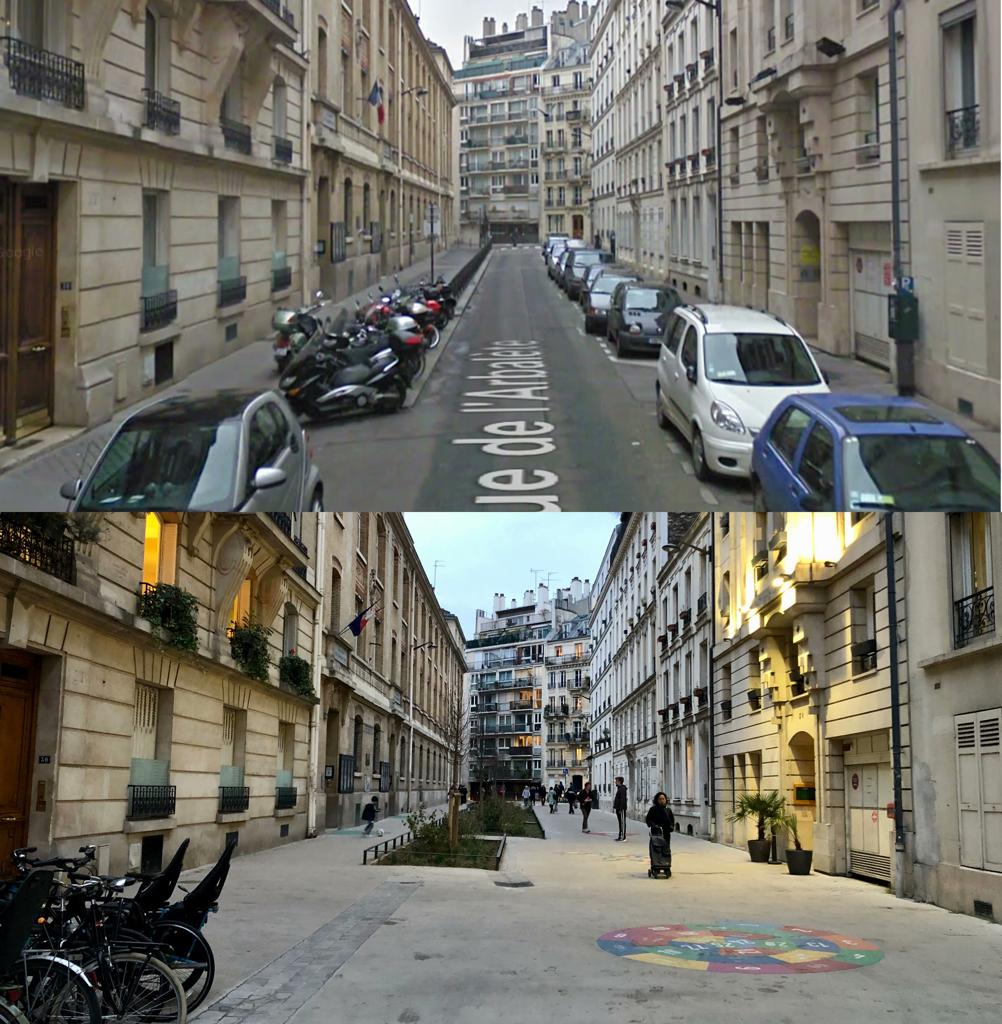 Antes/después de la calle de la escuela Rue de l'Arbalète en el distrito 5 de ParísImagen de Emmanuel Marin @EmmanuelSPV en Twitter
