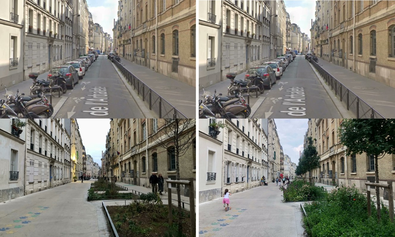 Comparación de Antes / Después de la “Rue de l'Arbalète” calle transformada a partir de proyecto Calles Escolares de la ciudad de Paris. Imagen de Emmanuel Marin. @EmmanuelSPV en Twitter.