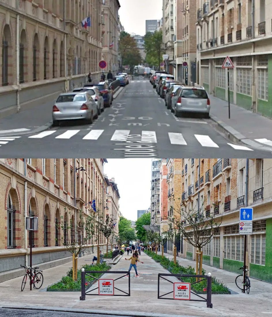 Antes/después de la calle de la escuela Rue Charles Baudelaire en el distrito 12 de ParísImagen de Emmanuel Marin @EmmanuelSPV en Twitter. 